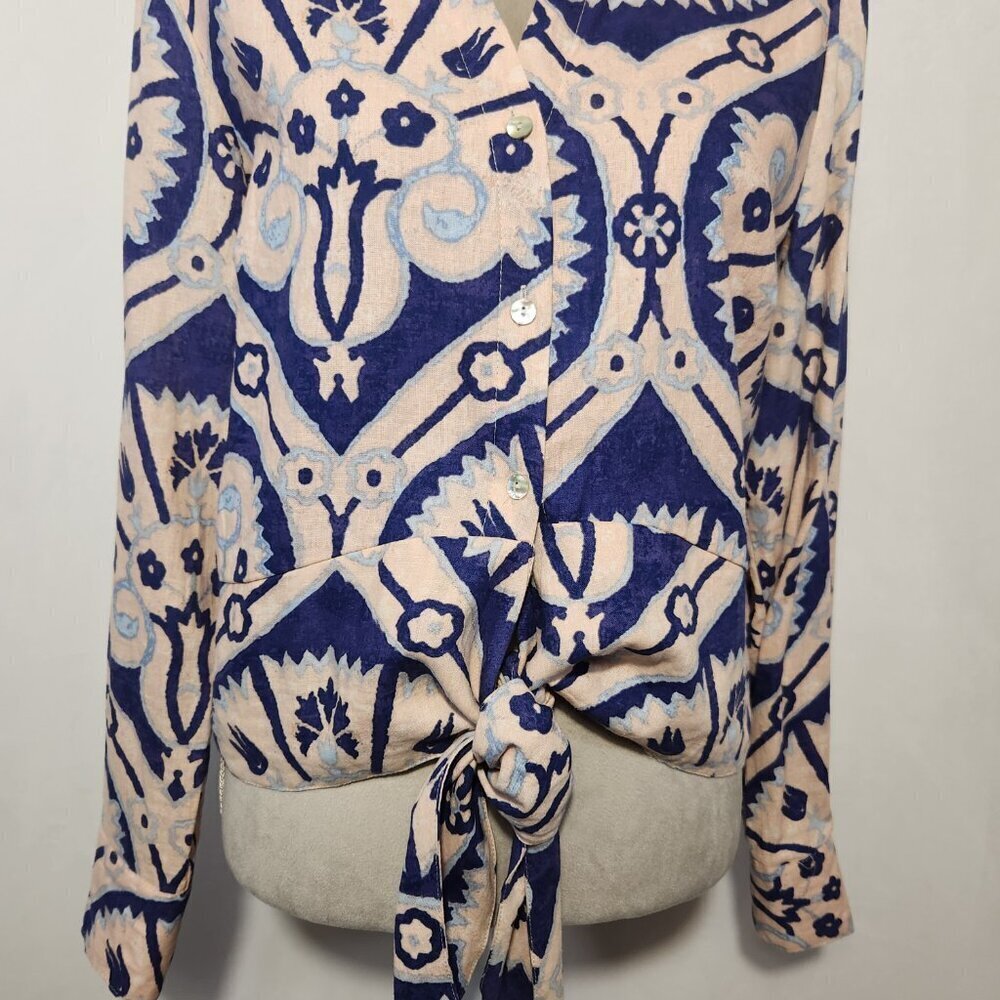 Christian Siriano NY Women's Size L Linen Blend Floral Tie Front Button Down Top - Picture 4 of 16